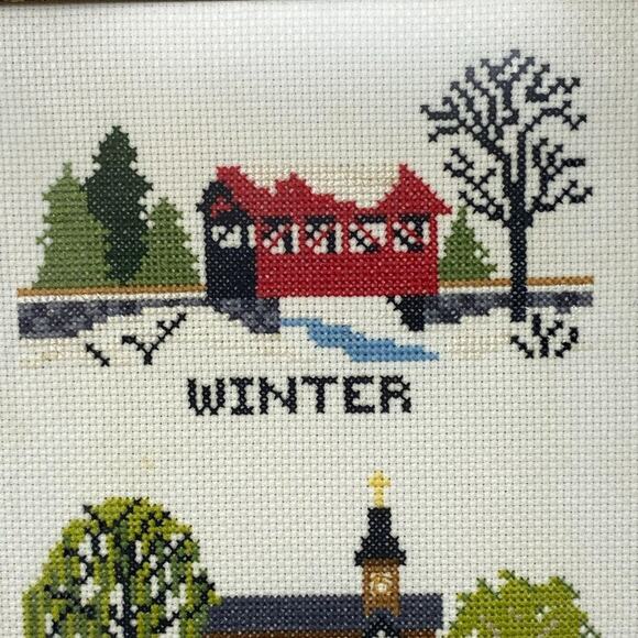 1977 Four Seasons Cross-Stitch Church Barn Trees Professional Framed - Picture 2 of 9